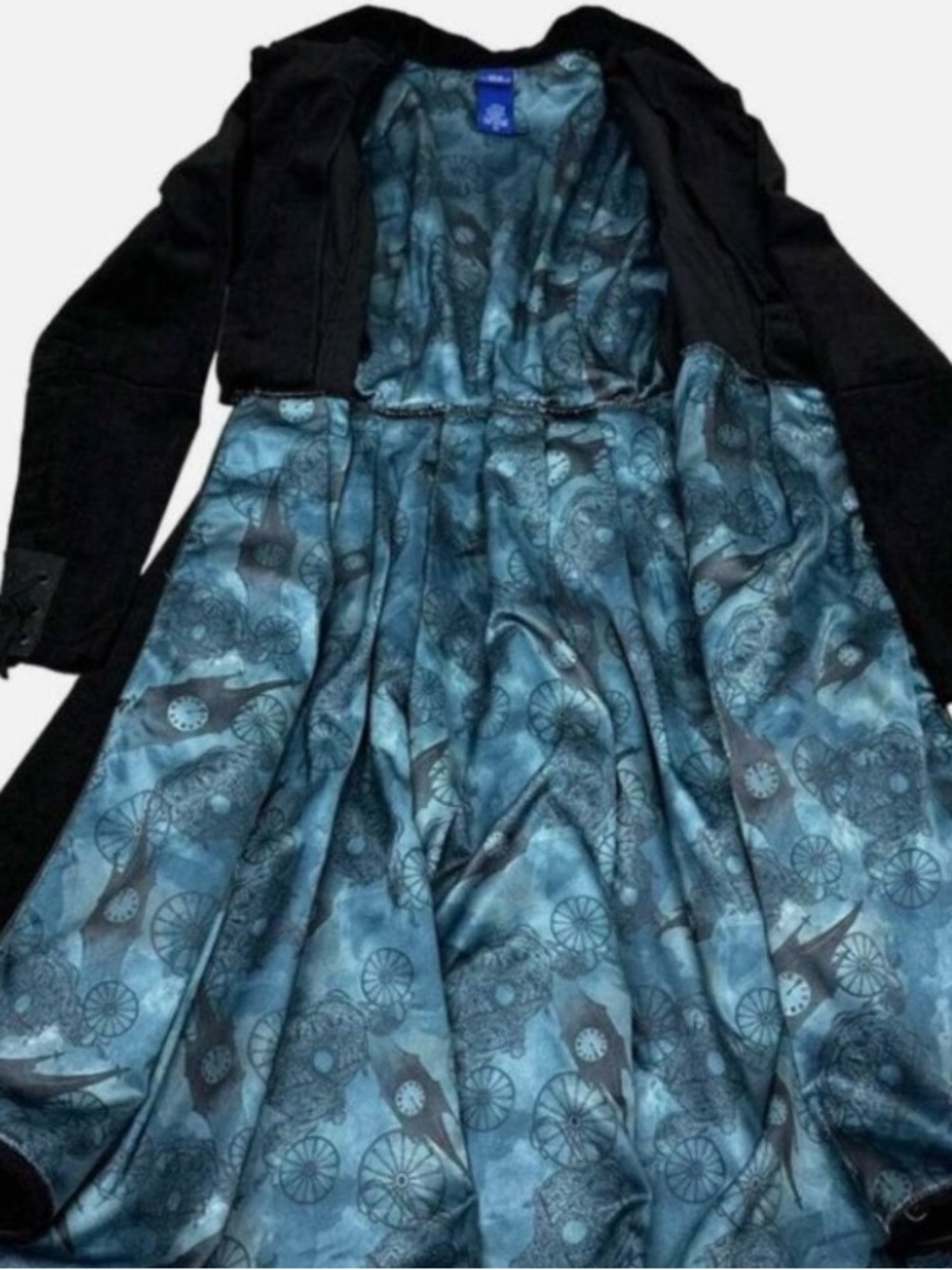 Black Long Velvet Duster Coat with Blue Satin Lining